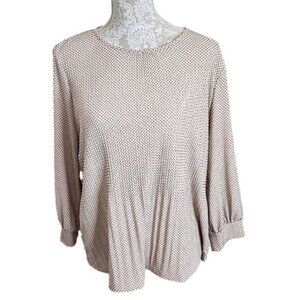 Adrianna Papell Top Cream Pleated Polka Dot 3/4 Sleeve Blouse Women's Large